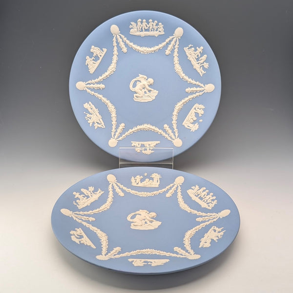 Pair of vintage Wedgwood Jasperware plates with cherub design, 22cm diameter, pale blue ①